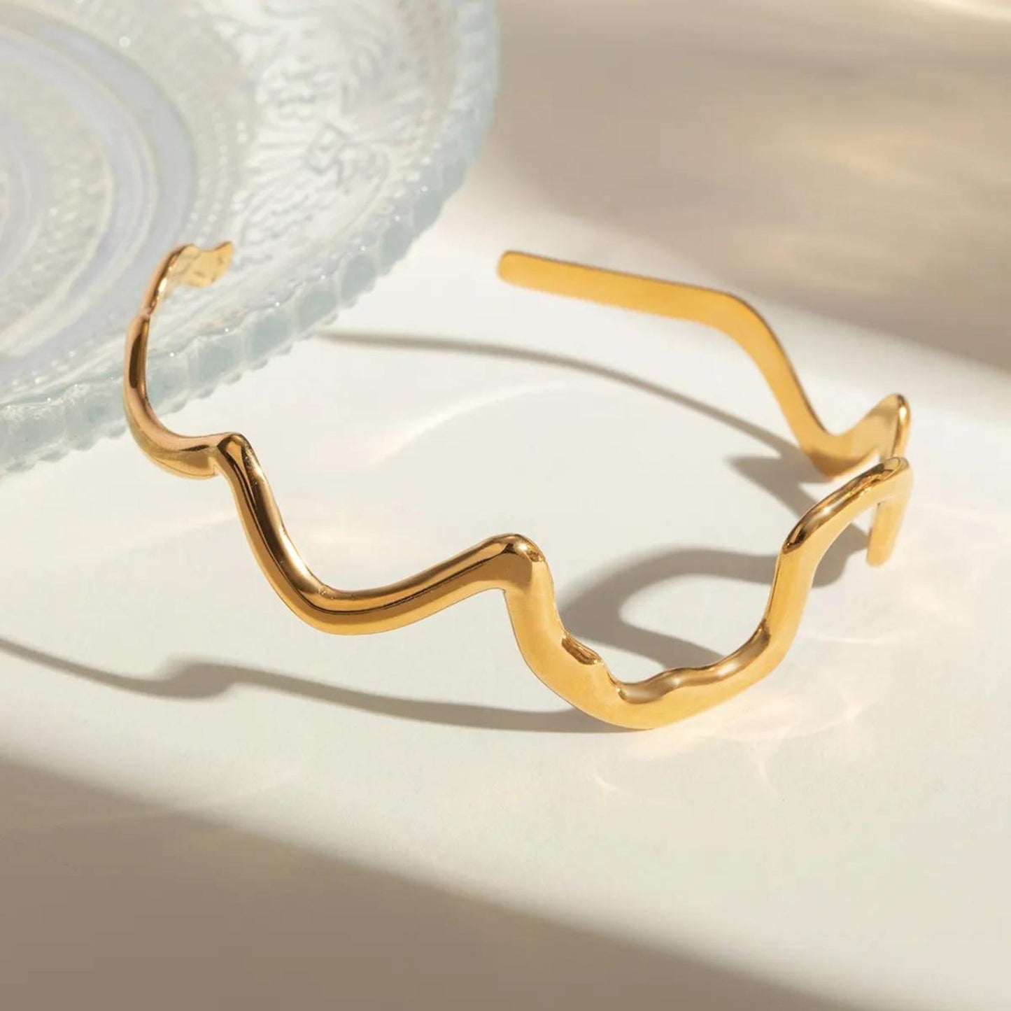 Wavy Minimalist Adjustable Gold Cuff 18K Gold Plated Bracelet