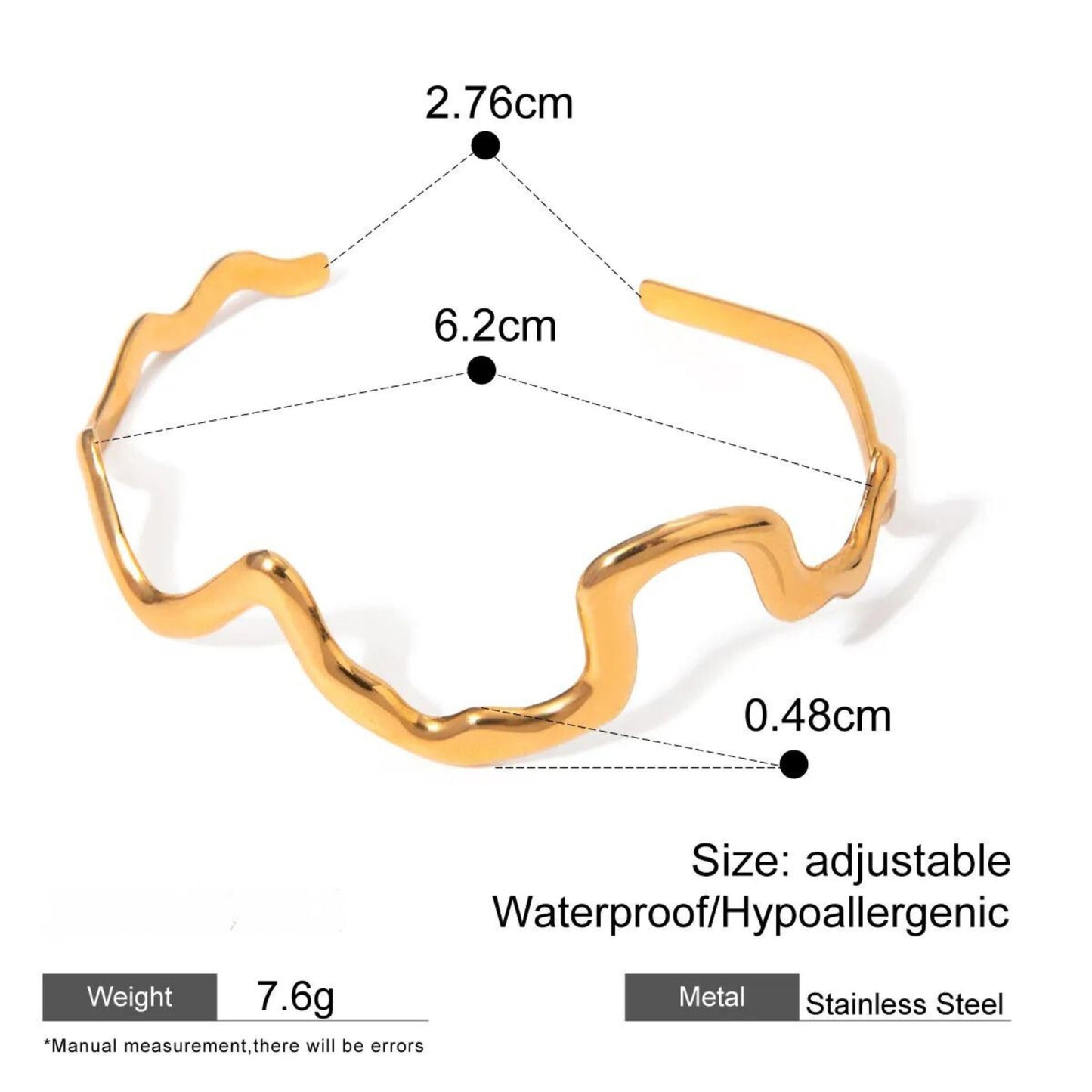 Wavy Minimalist Adjustable Gold Cuff 18K Gold Plated Bracelet