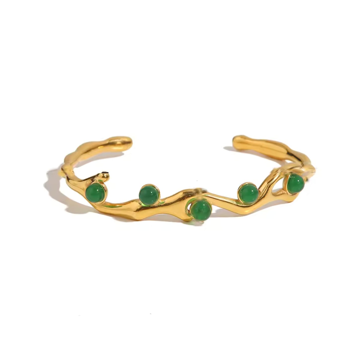 18K gold plated adjustable vine bangle bracelet with a choice of green gemstone, featuring a delicate vine design and durable stainless steel construction