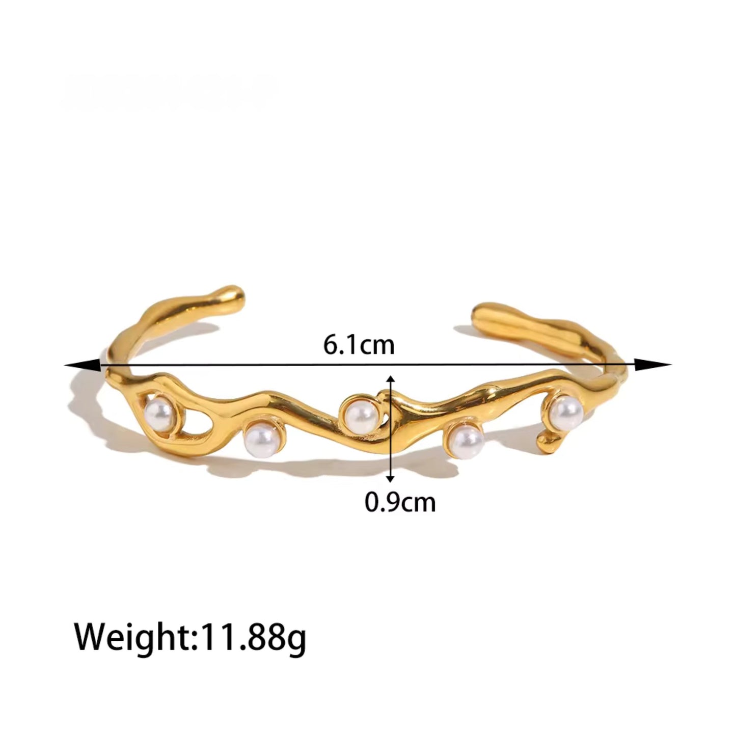 Dimensions details for the 18K gold plated adjustable vine bangle bracelet featuring a delicate vine design and durable stainless steel construction