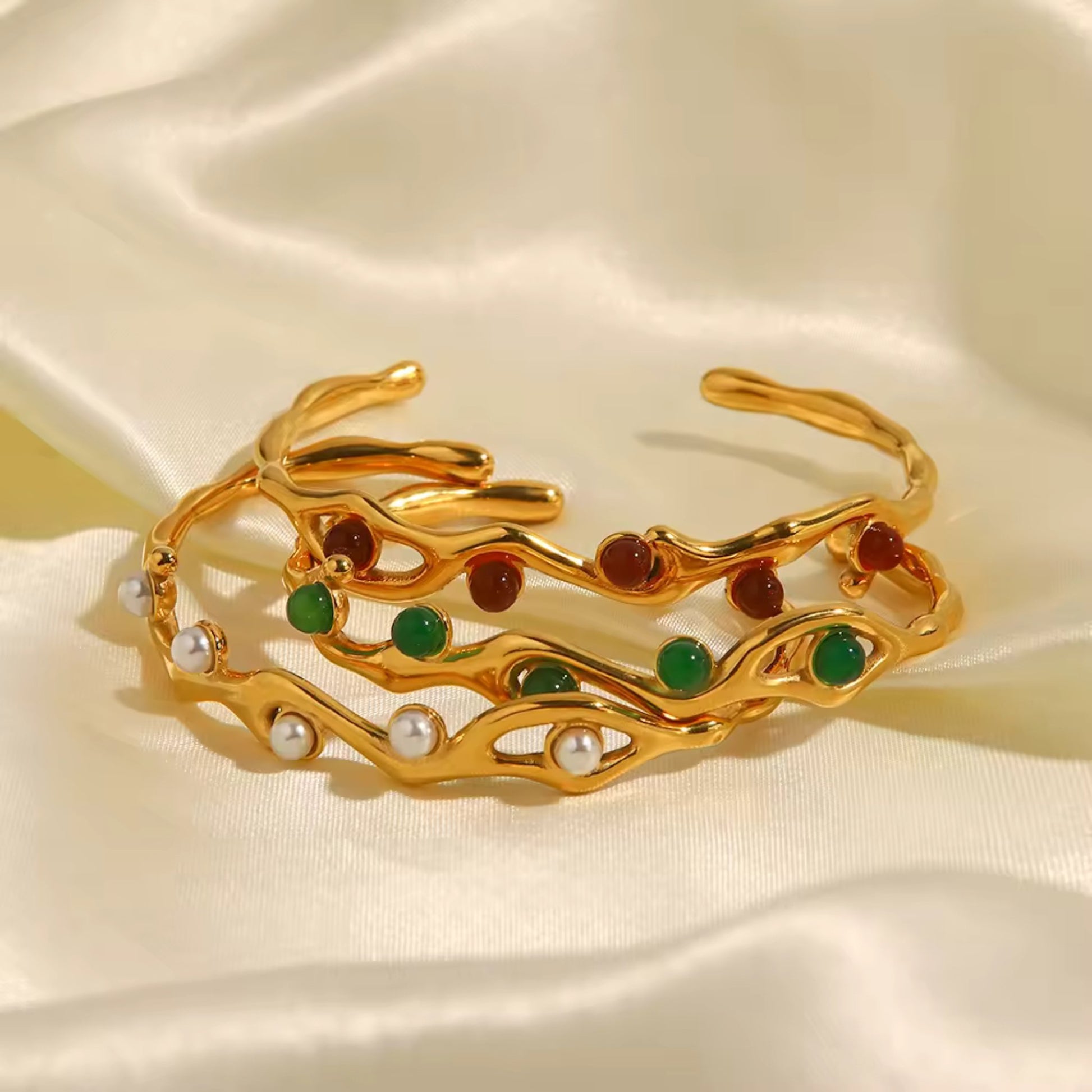 18K gold plated adjustable vine bangle bracelet with a choice of freshwater pearl, green gemstone, or red gemstone, featuring a delicate vine design and durable stainless steel construction