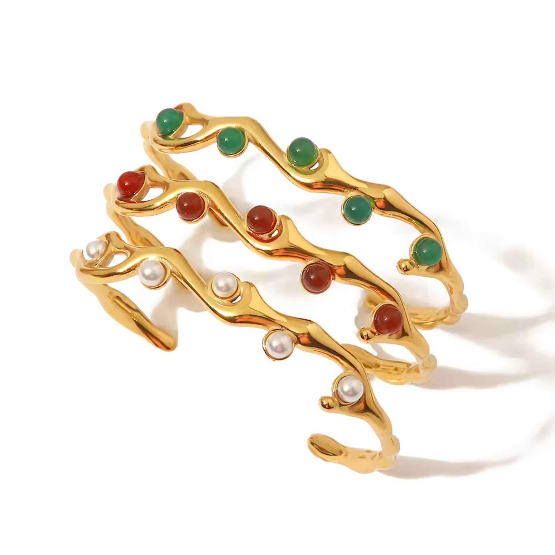 White background with all the three options of the 18K gold plated adjustable vine bangle bracelet with a choice of freshwater pearl, green gemstone, or red gemstone, featuring a delicate vine design and durable stainless steel construction