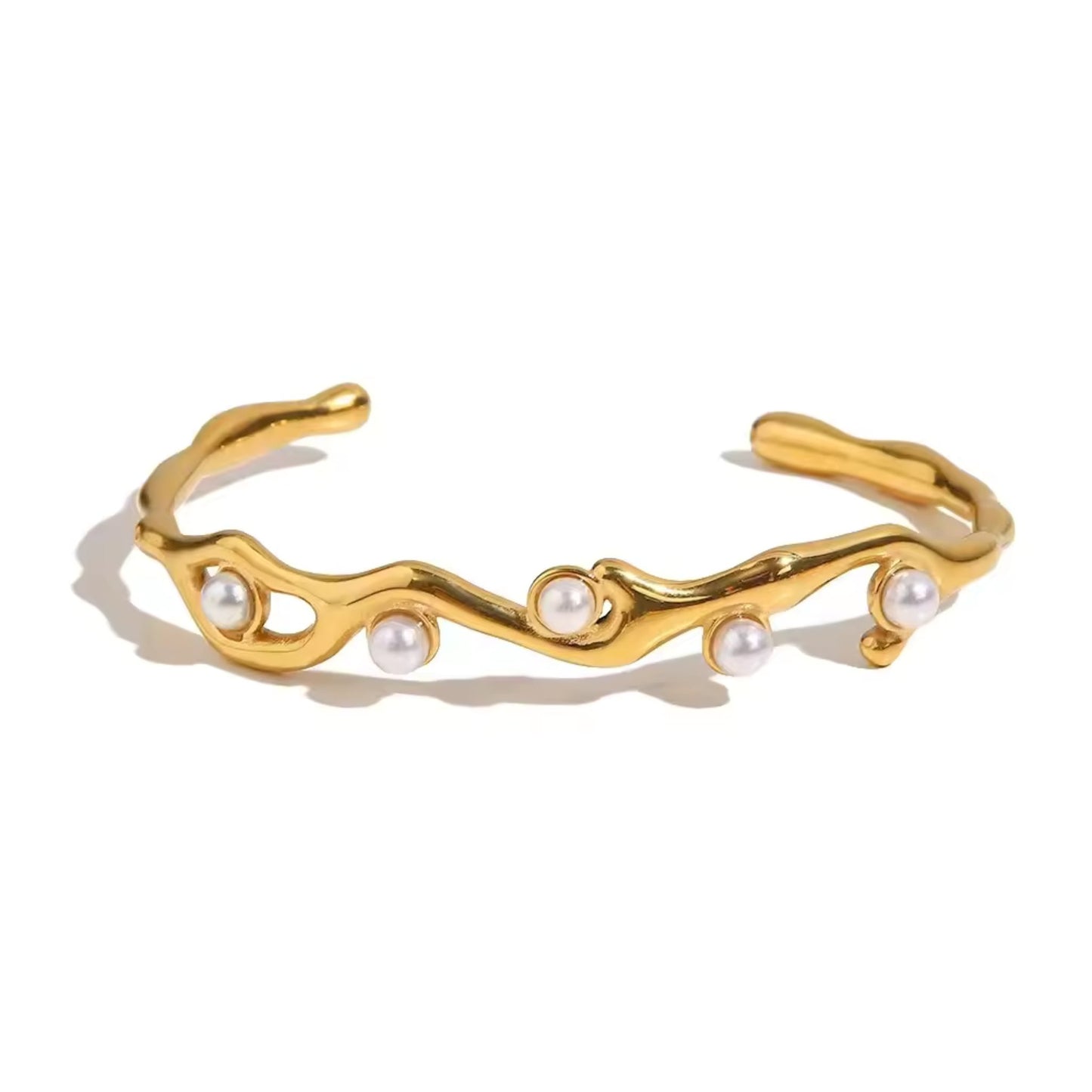 White pearl 18K gold plated adjustable vine bangle bracelet with a choice of freshwater pearl, featuring a delicate vine design and durable stainless steel construction