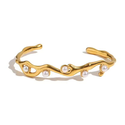 White pearl 18K gold plated adjustable vine bangle bracelet with a choice of freshwater pearl, featuring a delicate vine design and durable stainless steel construction