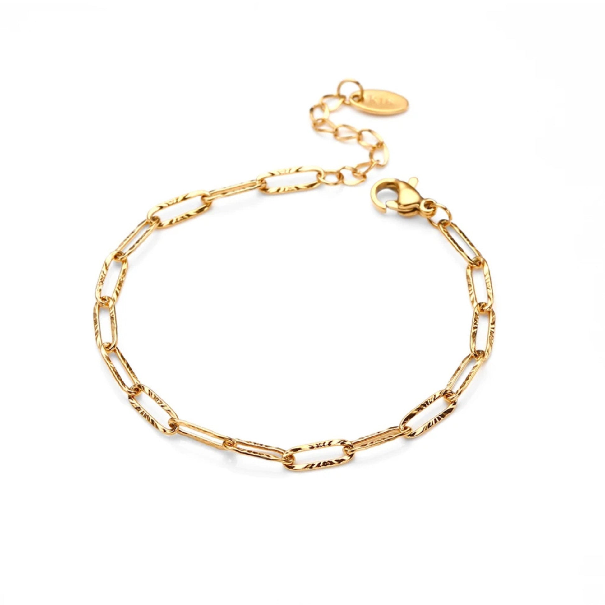 White background photo for the 18K gold plated minimalist link chain bracelet made of durable stainless steel, featuring an adjustable length and a secure lobster clasp for a chic and versatile look