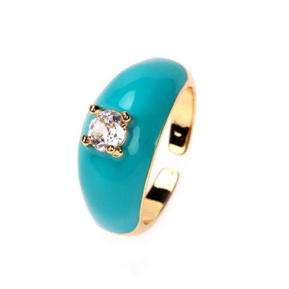 18K Gold Plated Oil Dripping Cubic Zirconia Ring vibrant turquoise with adjustable open design & modern oil-dripping finish.