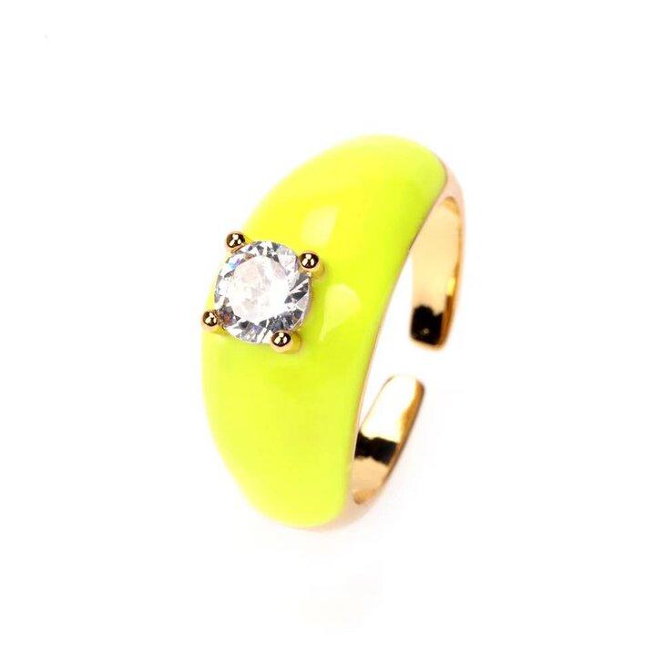 18K Gold Plated Oil Dripping Cubic Zirconia Ring in brilliant yellow with an adjustable open design and oil-dripping effect.