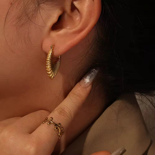 18K Gold Plated Stainless Steel Hoop Earrings styled with a formal outfit, ideal for weddings or special occasions.