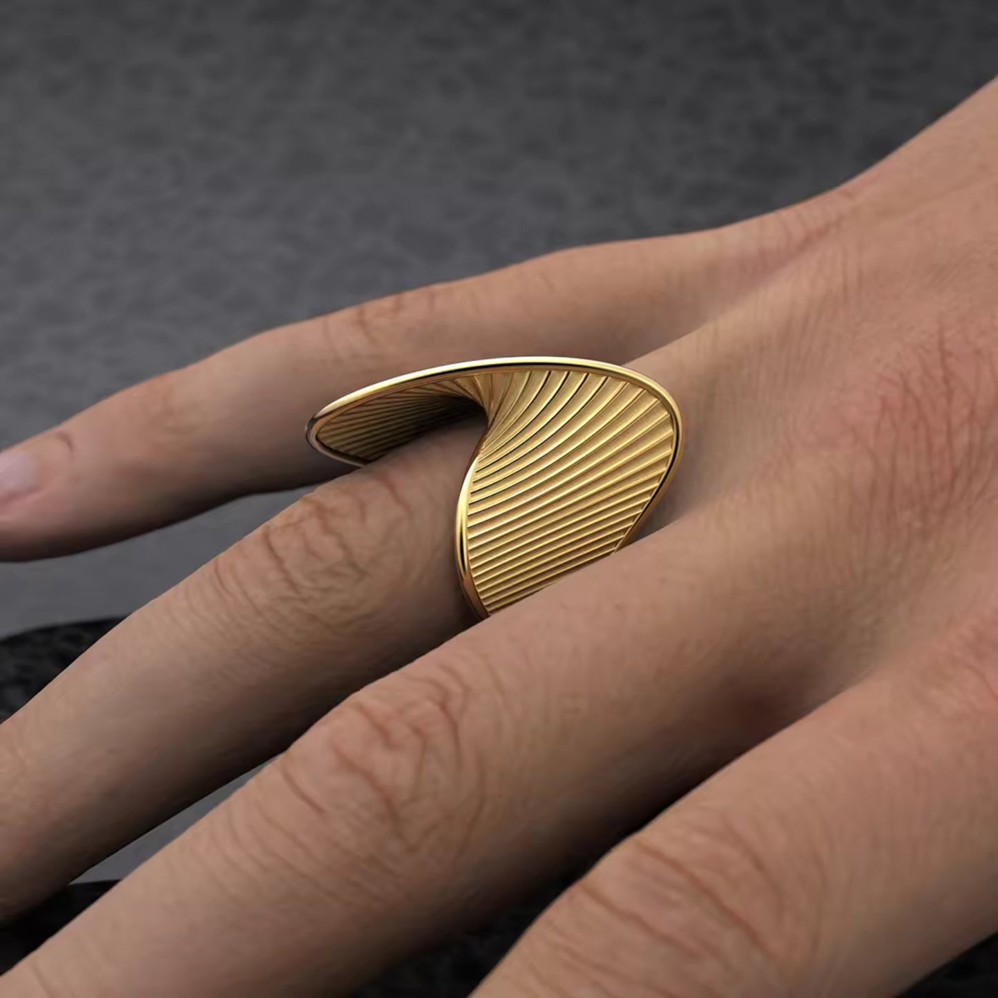 Close-up photo for the 18K Gold Plated Wave Texture Ring with a unique wave-inspired design and intricate texture detail, shown on a model's hand for an elegant look.