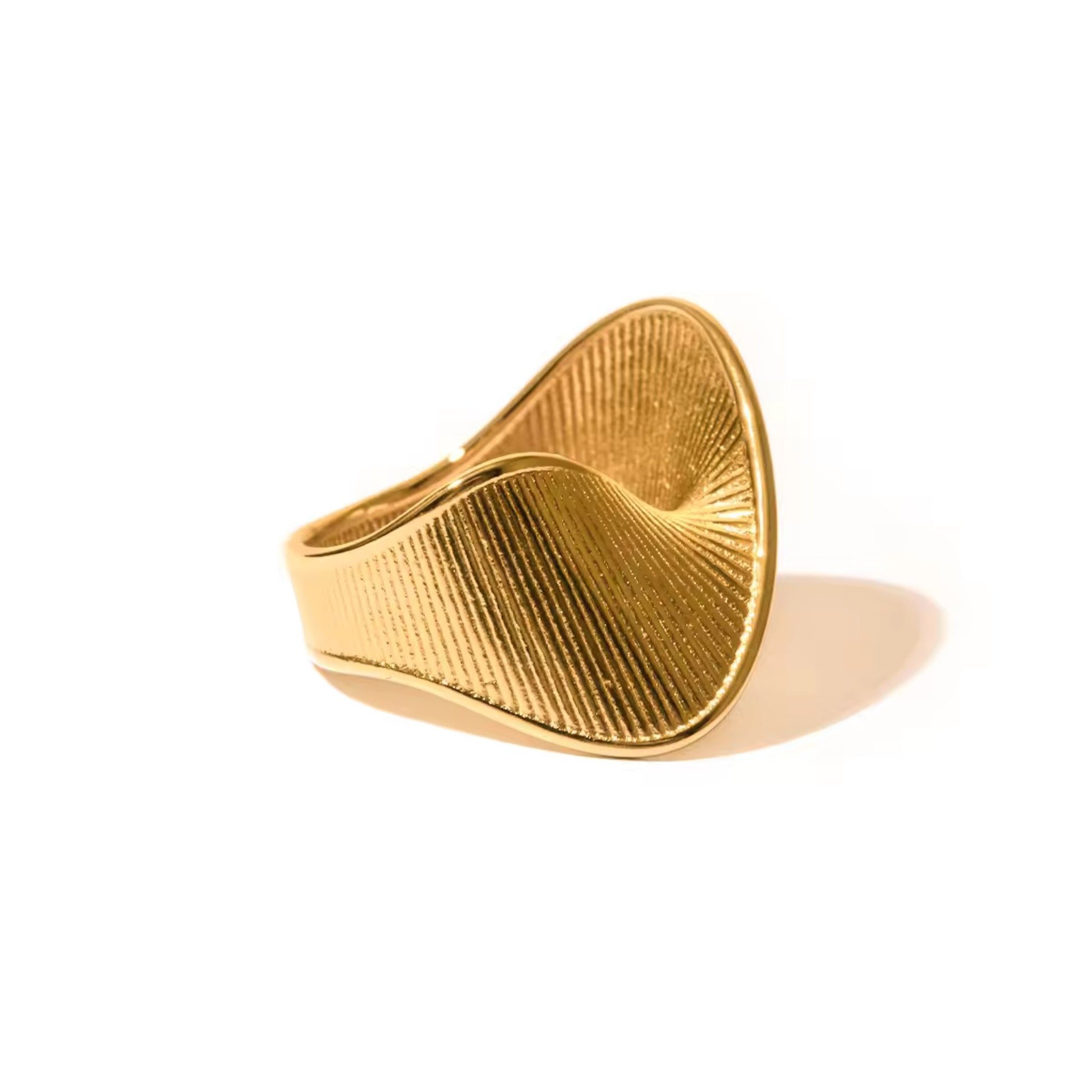 18K Gold Plated Wave Texture Ring featuring a dynamic wave design and luxurious gold finish, crafted from durable stainless steel.