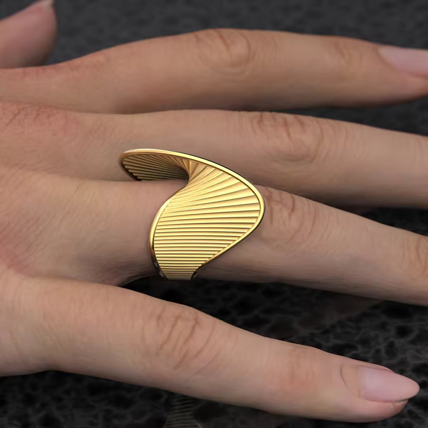 Close-up of the 18K Gold Plated Wave Texture Ring, showcasing the intricate texture and undulating wave-inspired design.