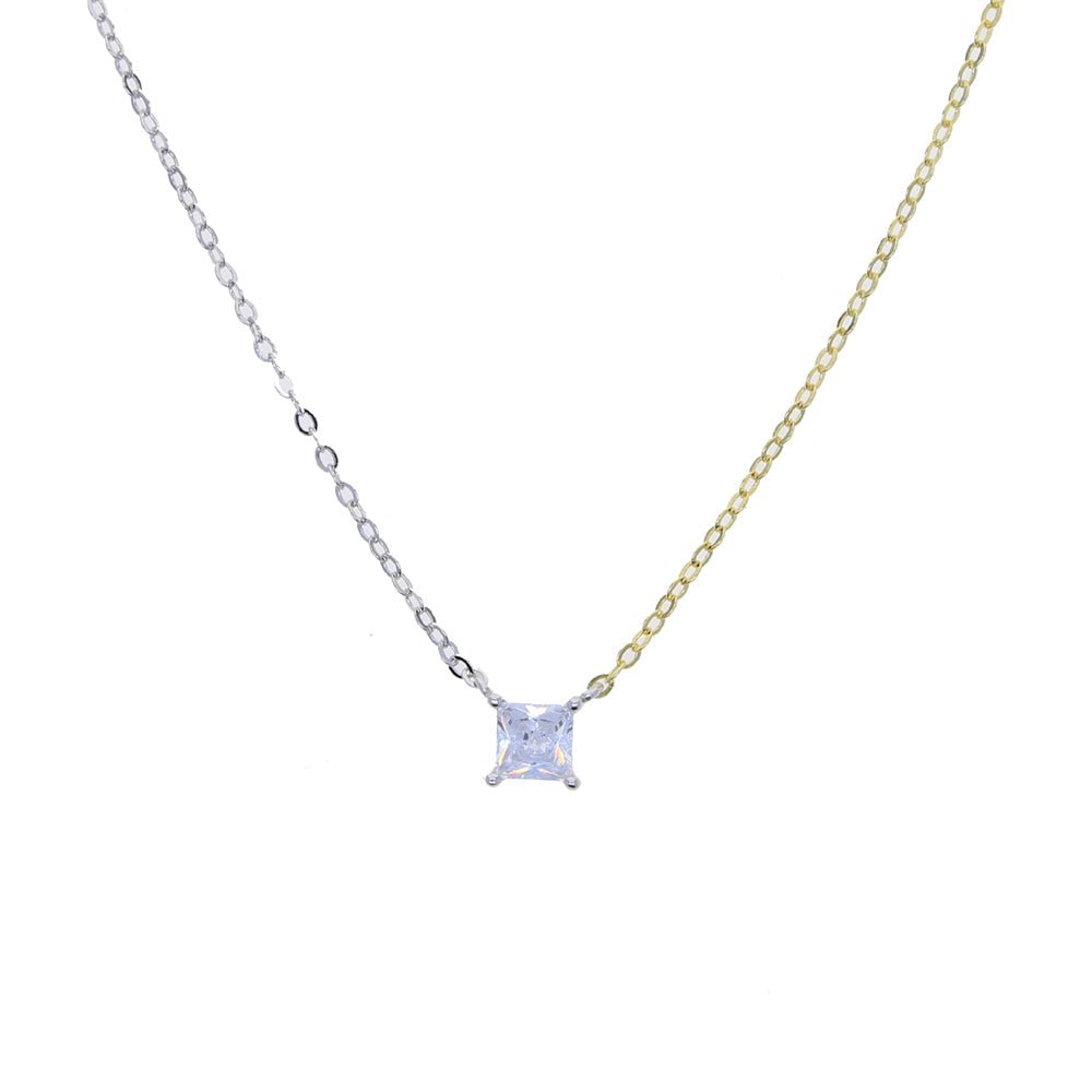 Close-up of the square-shaped white zirconia pendant on a 925 Sterling Silver Two-Tone Chain Necklace with 18K gold and platinum plating.