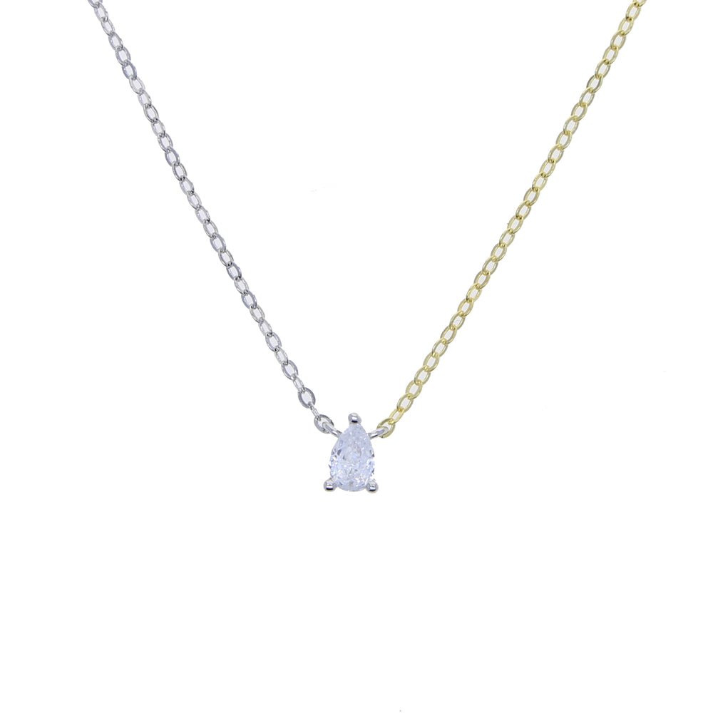 Close-up of the tear-shaped white zirconia pendant on a two-tone 925 sterling silver chain.