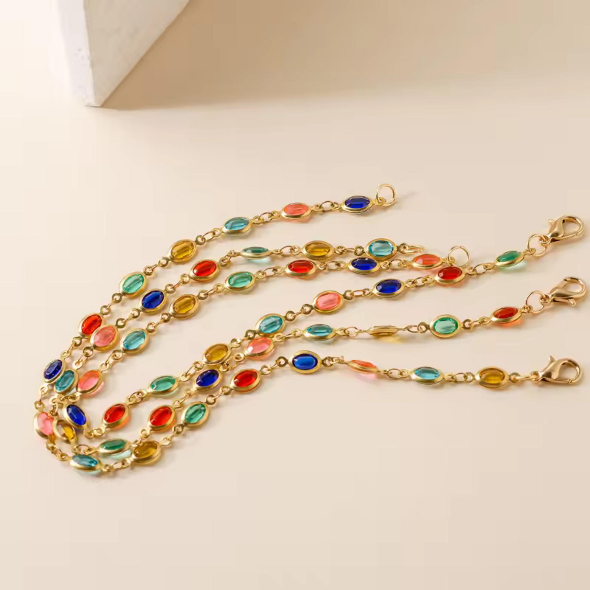 Bohemian Rainbow Crystal Anklet styled for beachwear or casual looks, adding a playful touch.
