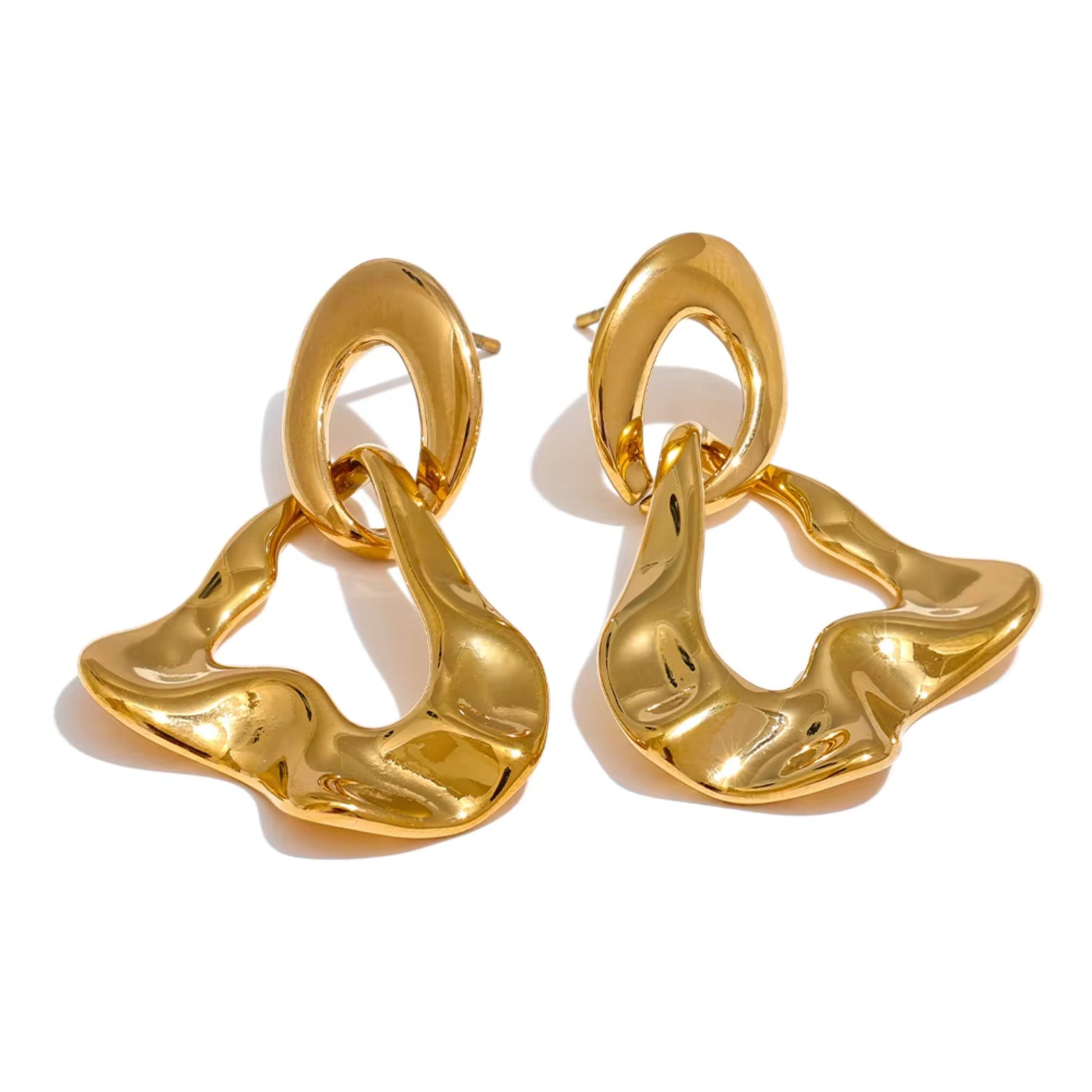 Abstract Luxe Gold Dangle Earrings crafted from stainless steel with 18K PVD gold plating, featuring bold abstract shapes for modern elegance.