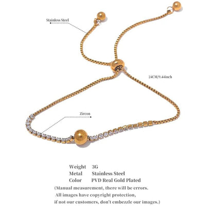 Adjustable Gold-Plated Zircon Charm Bracelet with complete details, ideal for special occasions and gifting, adding a touch of elegance and sparkle to formal wear.
