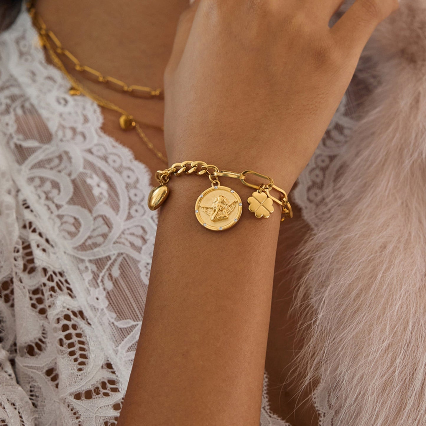 Angel Coin & Charm Bracelet – 18K Gold Stainless Steel