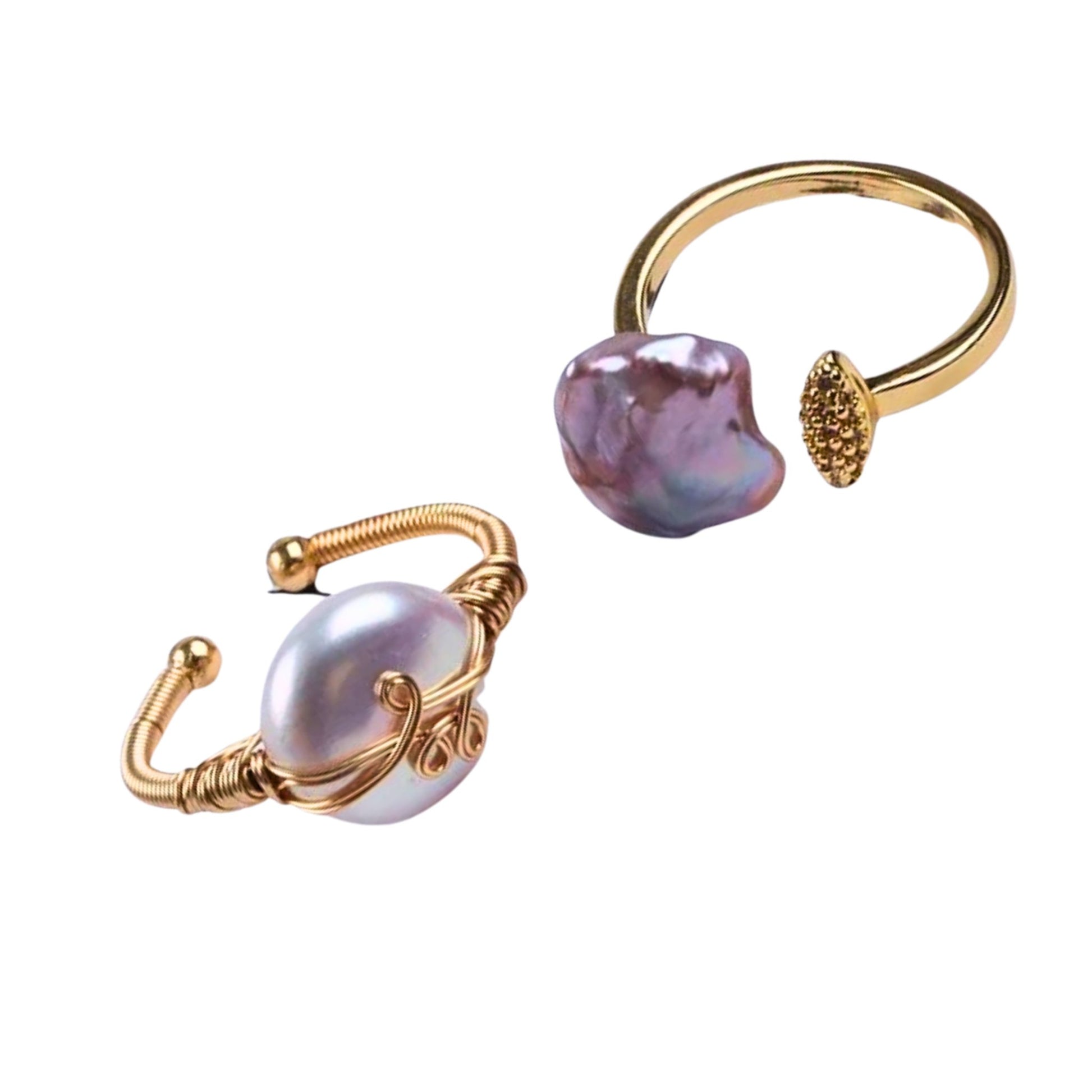 Artisan Pearl Duo Adjustable Rings featuring baroque and smooth freshwater pearls in 18K gold-plated designs, showcasing wire-wrapped and textured bands in White Background.