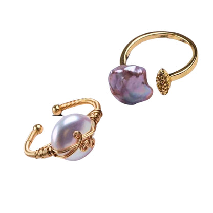 Artisan Pearl Duo Adjustable Rings featuring baroque and smooth freshwater pearls in 18K gold-plated designs, showcasing wire-wrapped and textured bands in White Background.