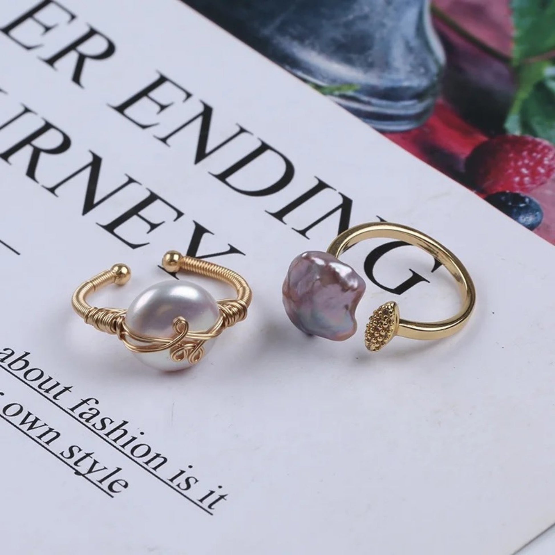 Artisan Pearl Duo Adjustable Rings featuring baroque and smooth freshwater pearls in 18K gold-plated designs, showcasing wire-wrapped and textured bands.