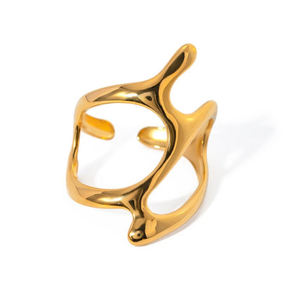 Close-up of Avant-Garde Open Adjustable Ring showing its sculptural design and polished gold finish.