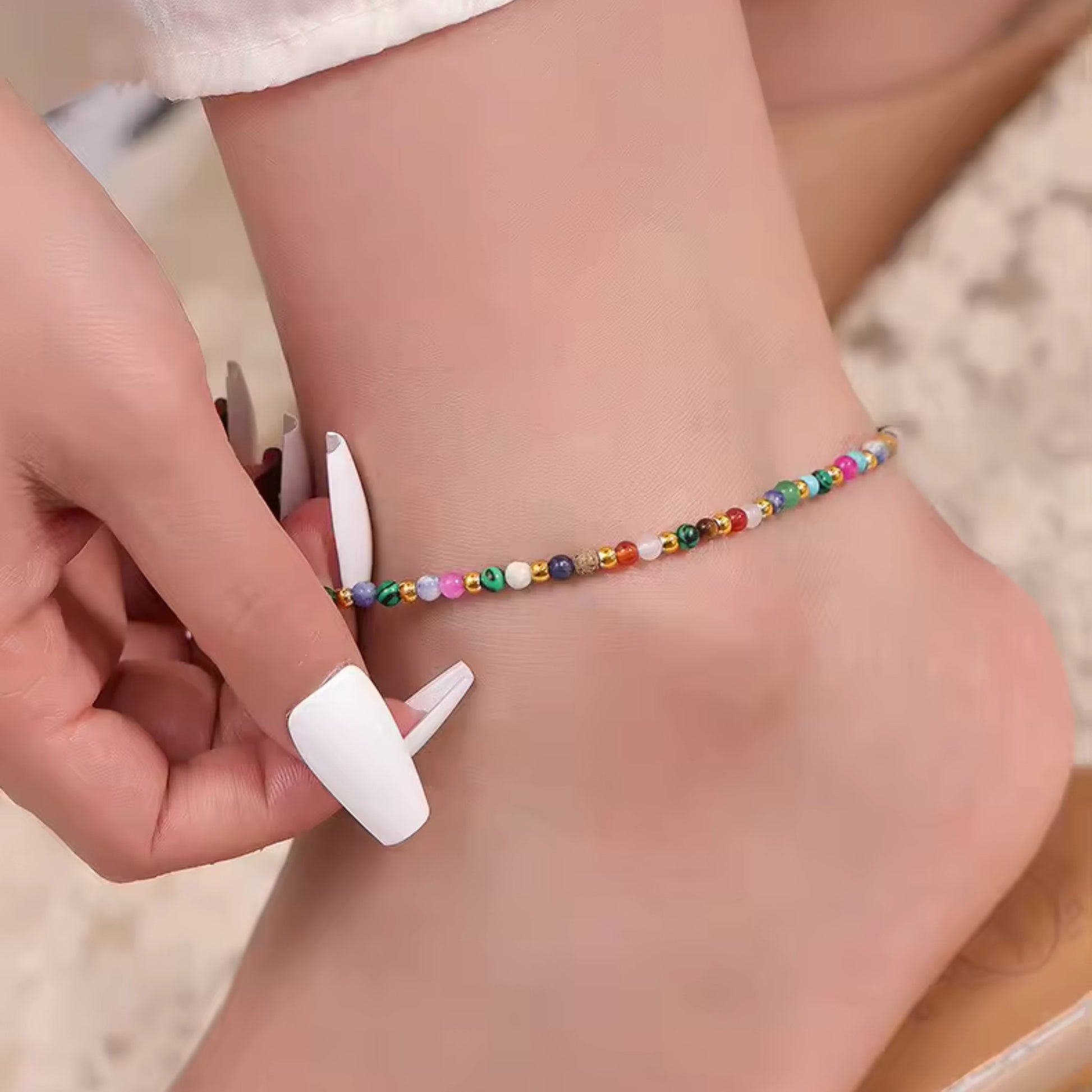 Close-up of Beaded Charm Anklet with 18K gold plating and vibrant bead details, showcasing its elegant and durable design.