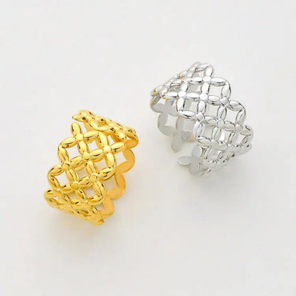 Golden Bloom Filigree Adjustable Ring featuring an intricate floral filigree design with 18K gold plating or silver plating, Perfect for gifts and any occasion.