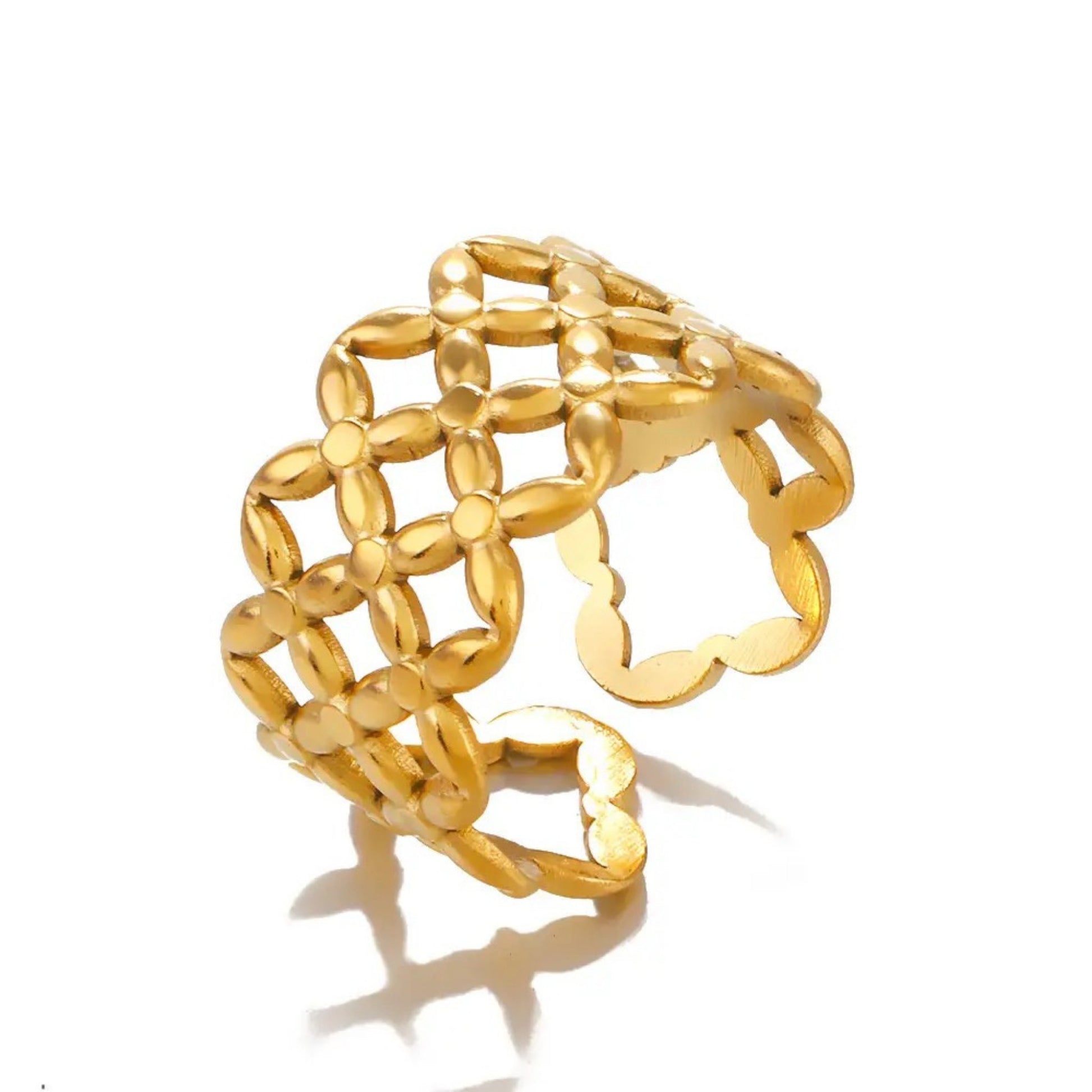 Golden Bloom Filigree Adjustable Ring in 18K gold-plated stainless steel with a delicate floral filigree pattern.
