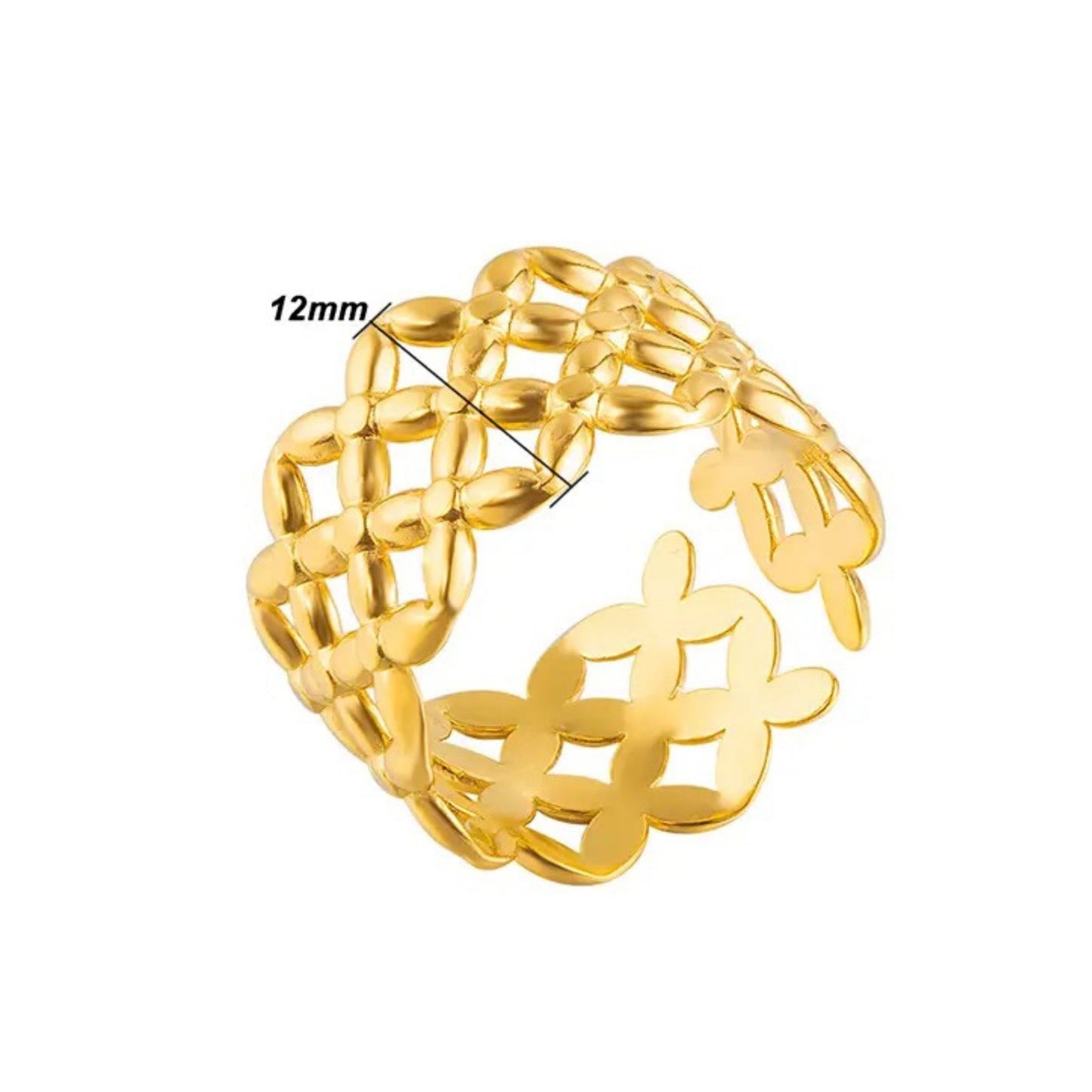 Details for the Golden Bloom Filigree Adjustable Ring featuring an intricate floral filigree design with 18K gold plating or silver plating, Perfect for gifts and any occasion.