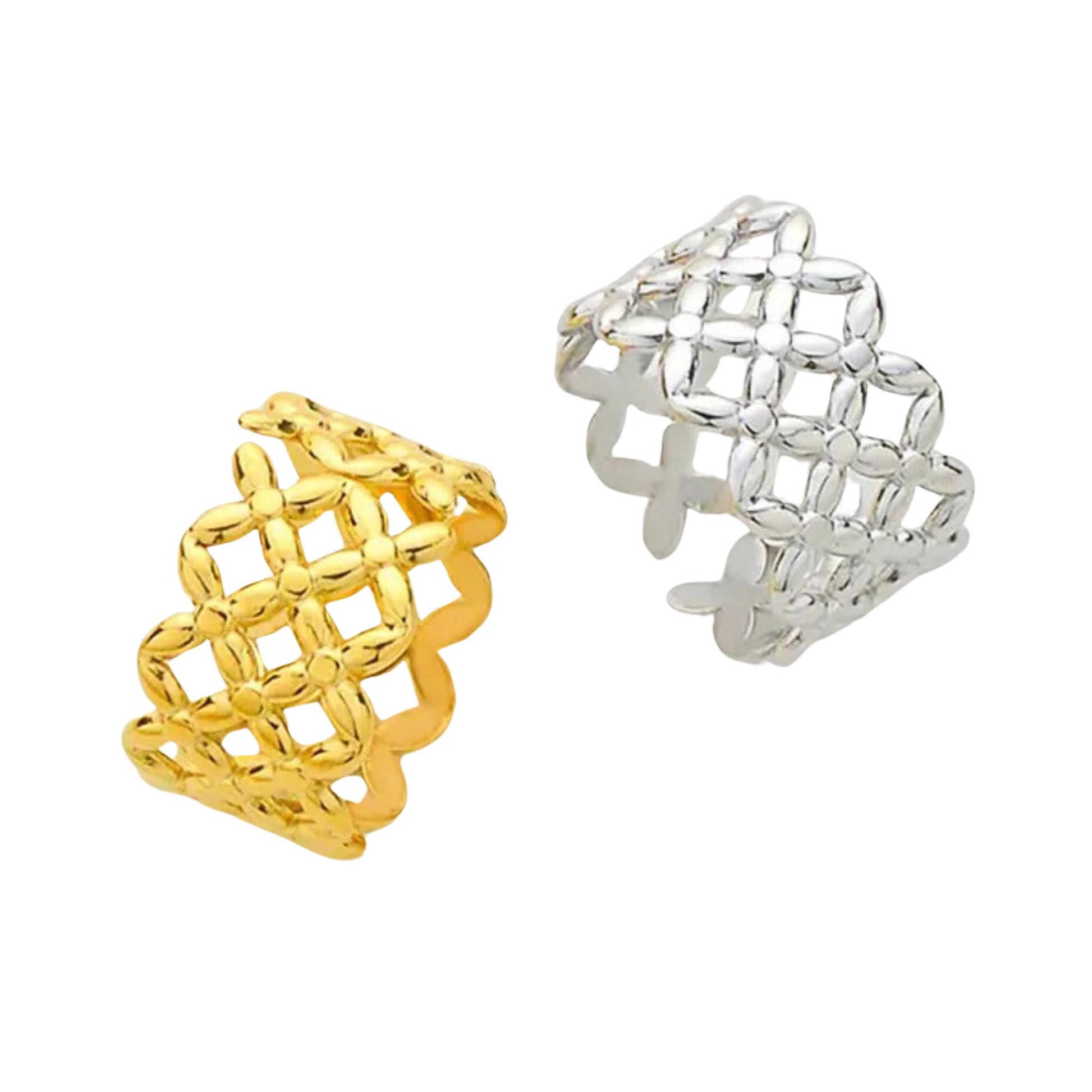 Golden Bloom Filigree Adjustable Ring in 18K gold-plated and Silver Plated stainless steel with a delicate floral filigree pattern.