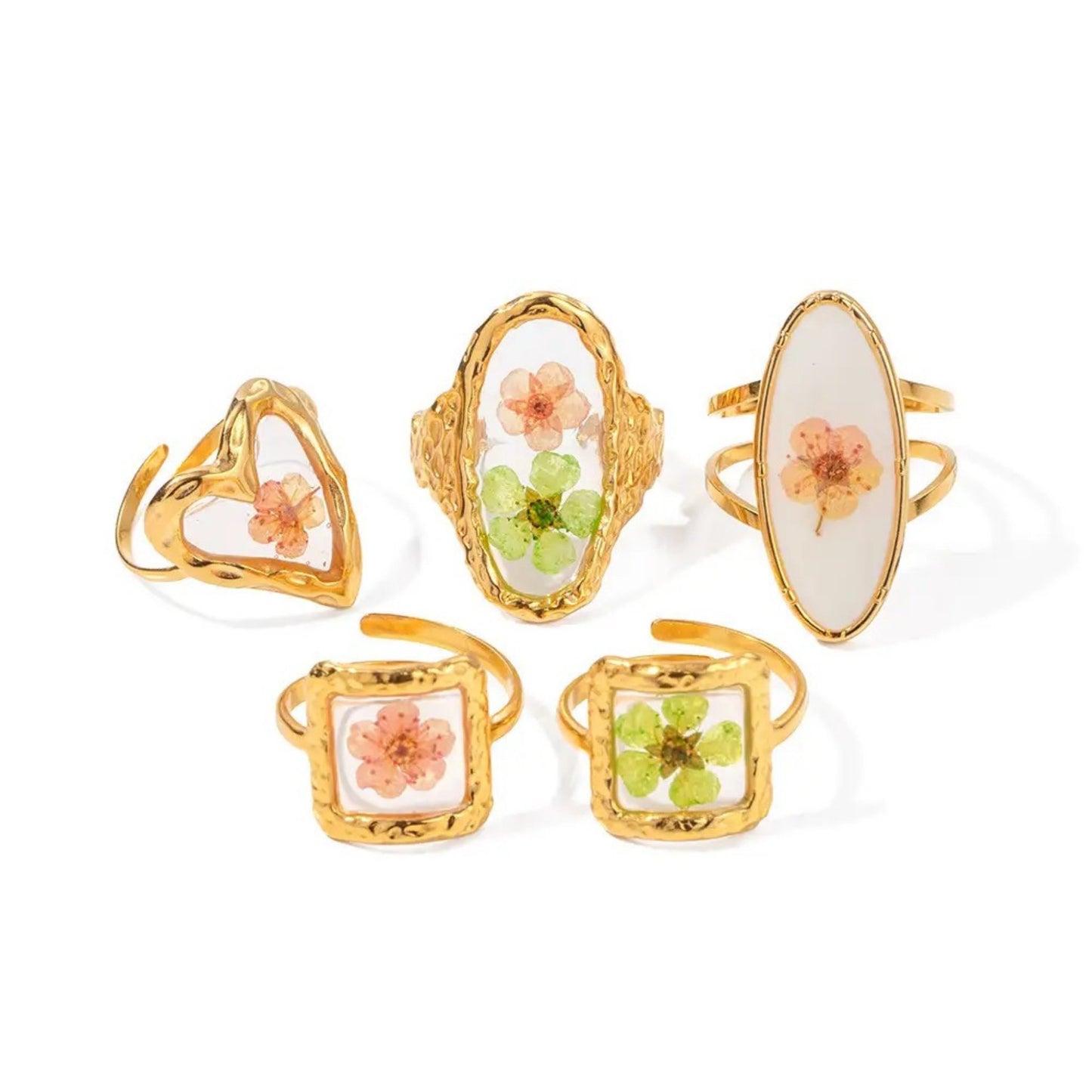 Blooming Elegance Floral Open Rings set featuring square, oval, and heart designs with pressed flowers and 18K gold plating.