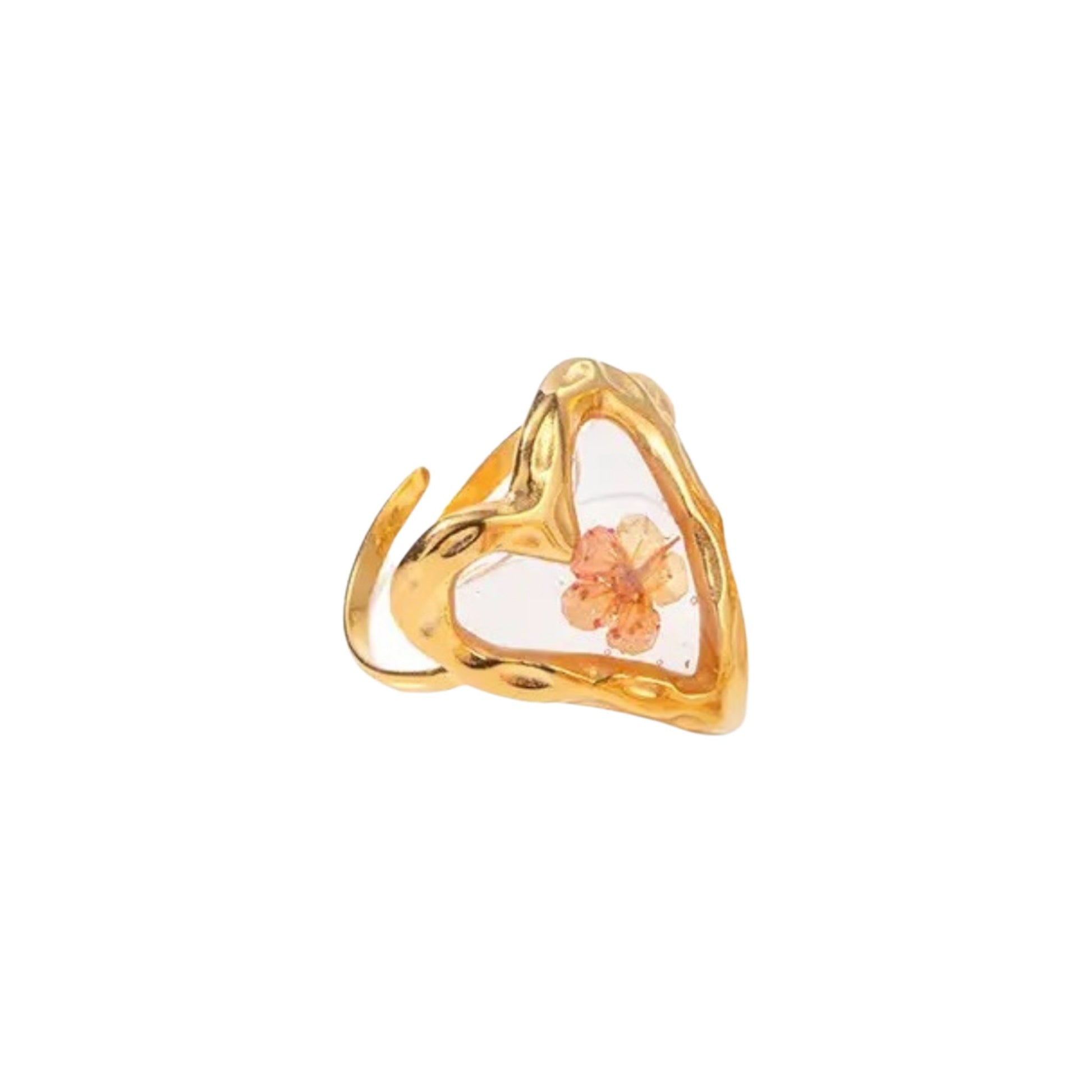 Heart-shaped Blooming Elegance Floral Open Ring with pressed flower accents and luxurious 18K gold-plated stainless steel.