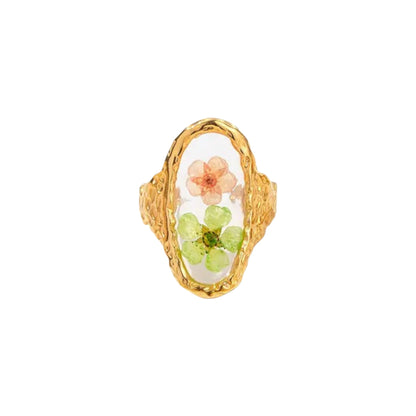 Oval-shaped Blooming Elegance Floral Open Ring with intricate floral motifs and an adjustable open design in 18K gold plating.