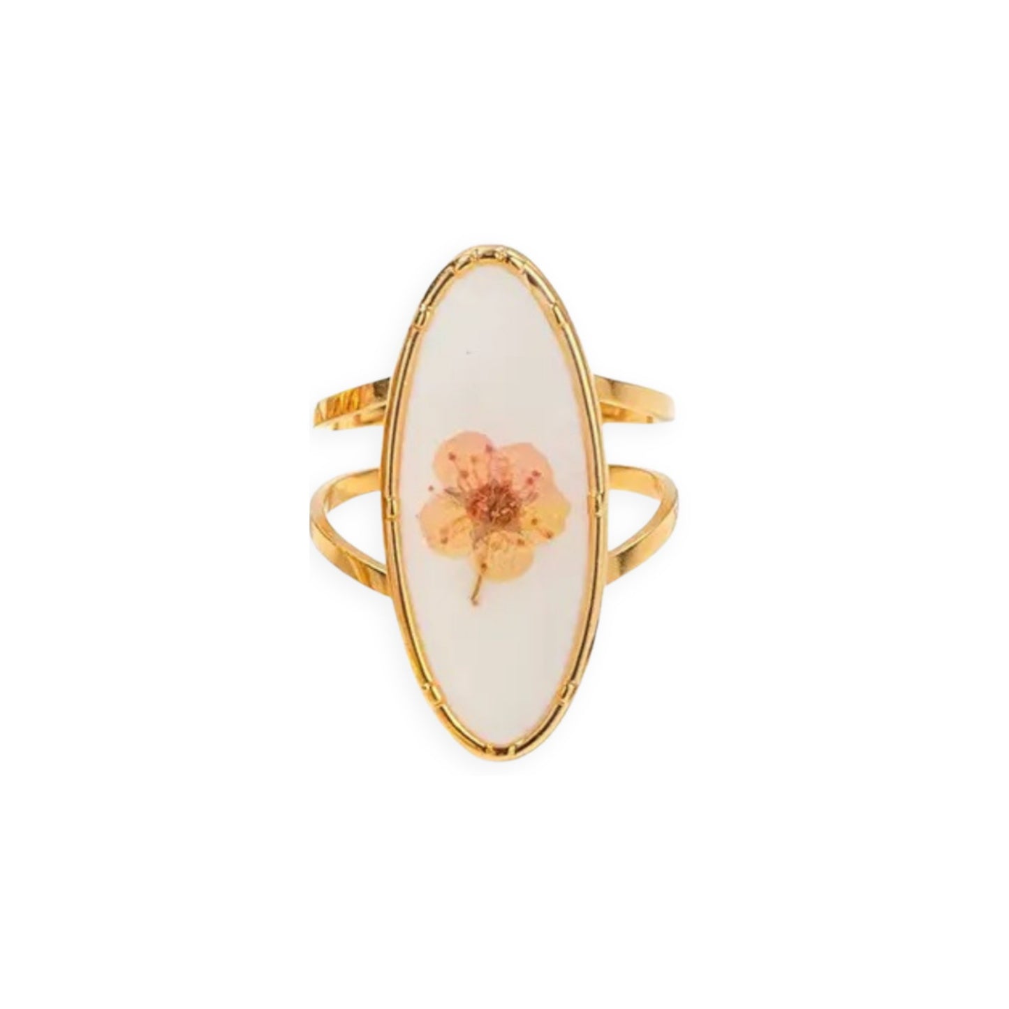 Oval-shaped Blooming Elegance Floral Open Ring with intricate floral motifs and an adjustable open design in 18K gold plating.