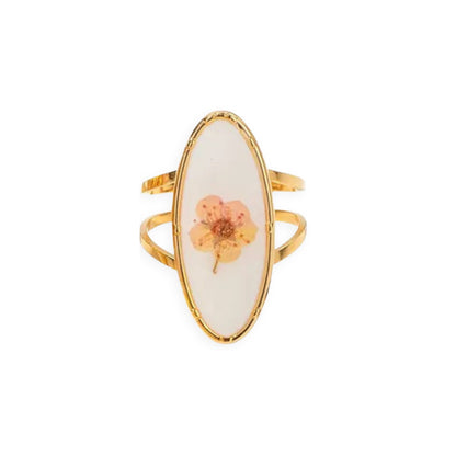 Oval-shaped Blooming Elegance Floral Open Ring with intricate floral motifs and an adjustable open design in 18K gold plating.