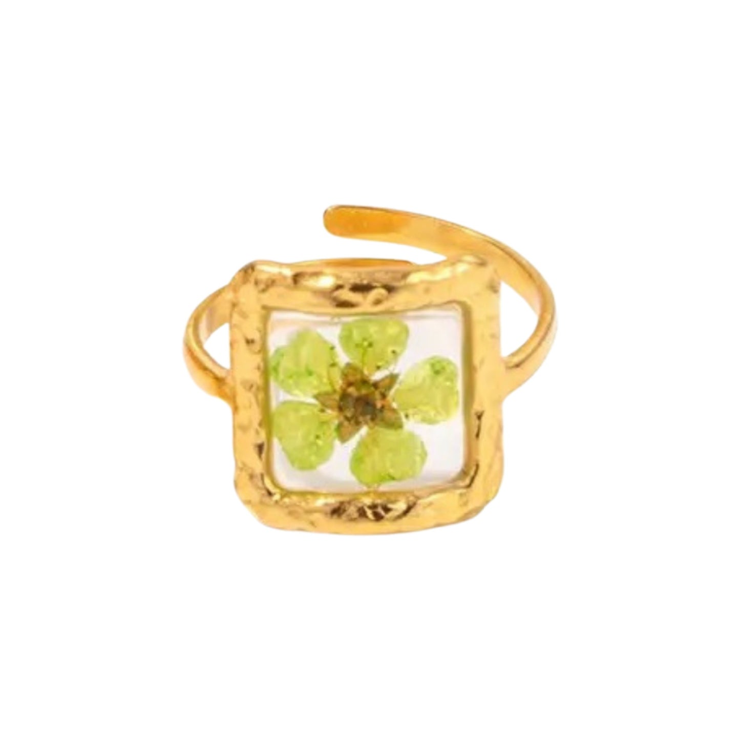 Square-shaped Blooming Elegance Floral Open Ring with delicate pressed flowers and 18K gold-plated finish.