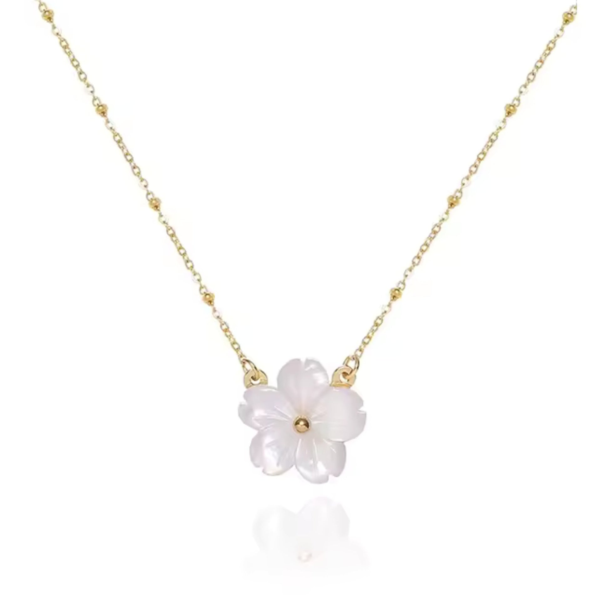 Blossom Beauty Flower Necklace with a delicate mother of pearl flower pendant and 18K gold-plated stainless steel beaded chain.
