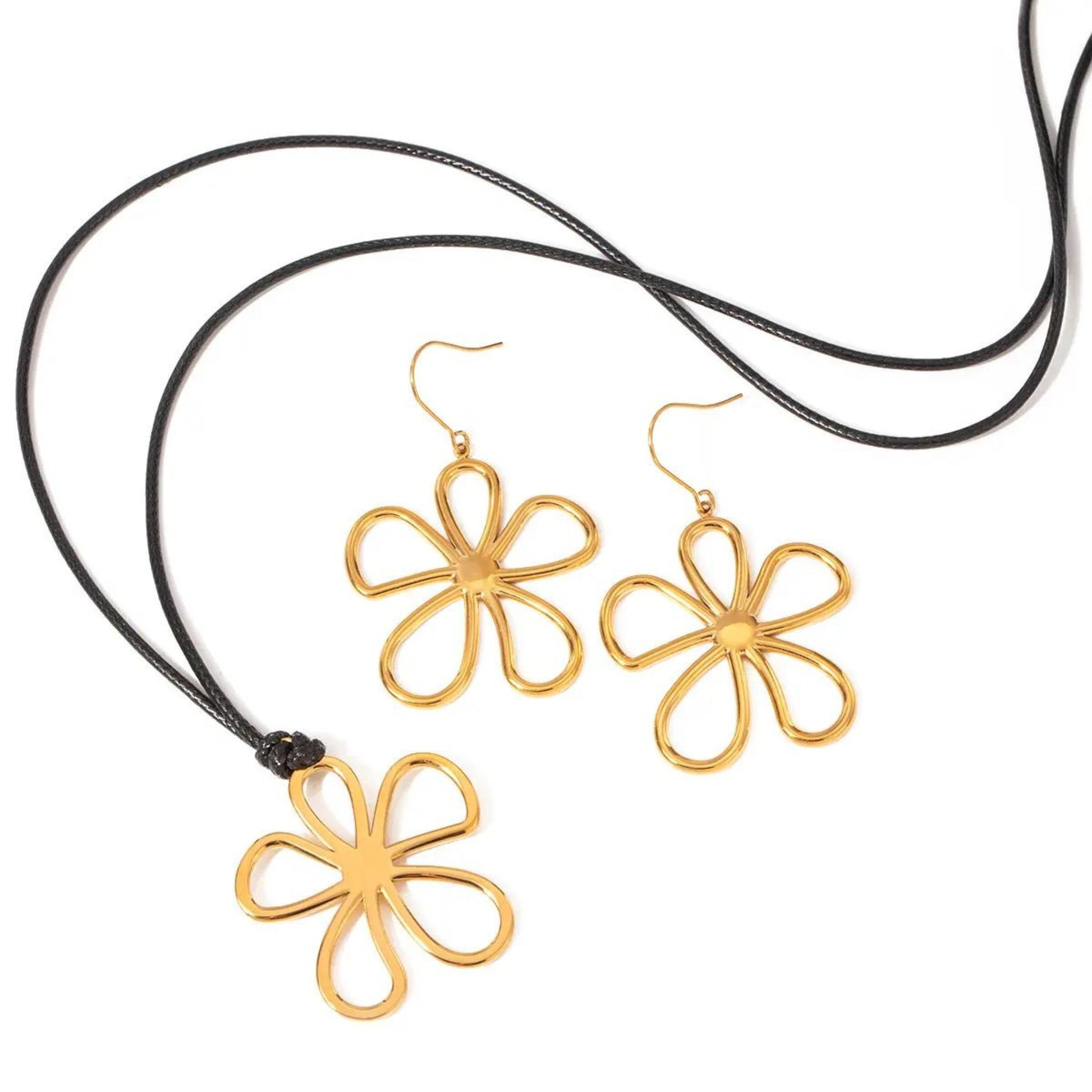 Blossom Bloom Necklace & Earrings Set with an elegant gold floral pendant necklace and matching earrings, featuring open petal designs.