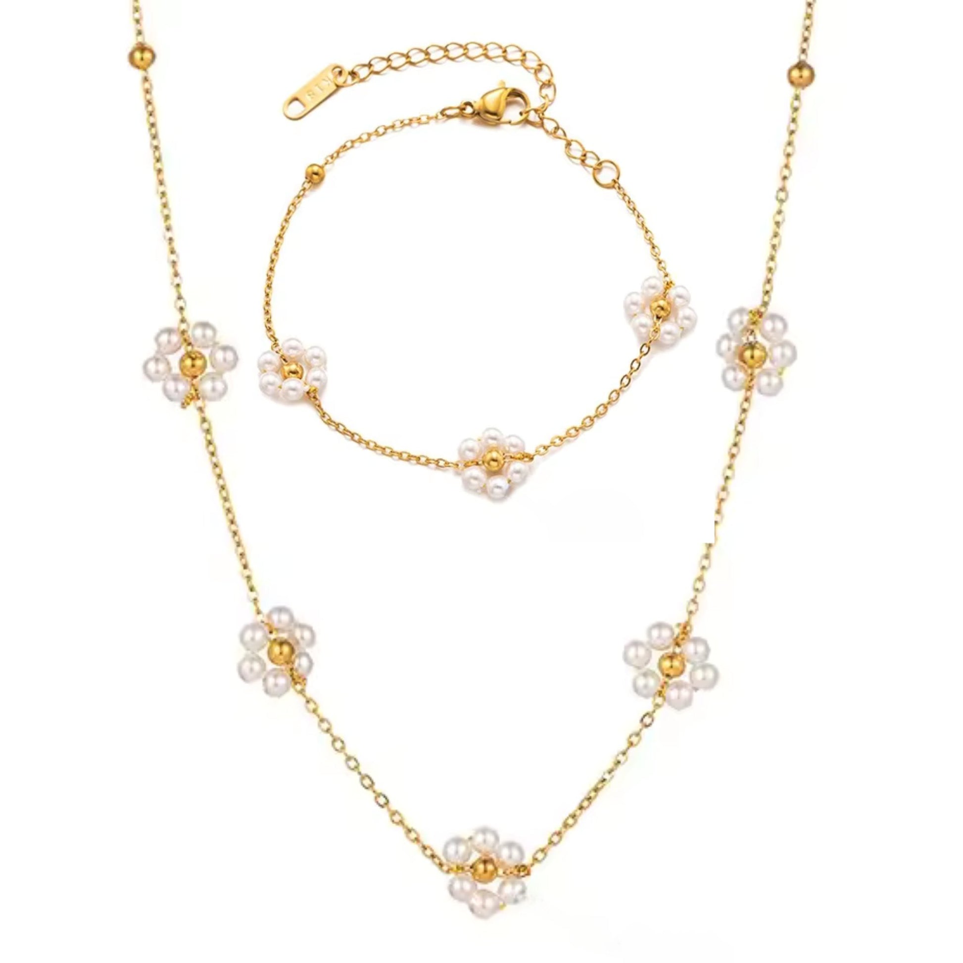 Blossom Elegance Pearl Necklace & Bracelet Set with 18K gold plating, floral motifs, and lustrous pearls, showcasing timeless elegance.