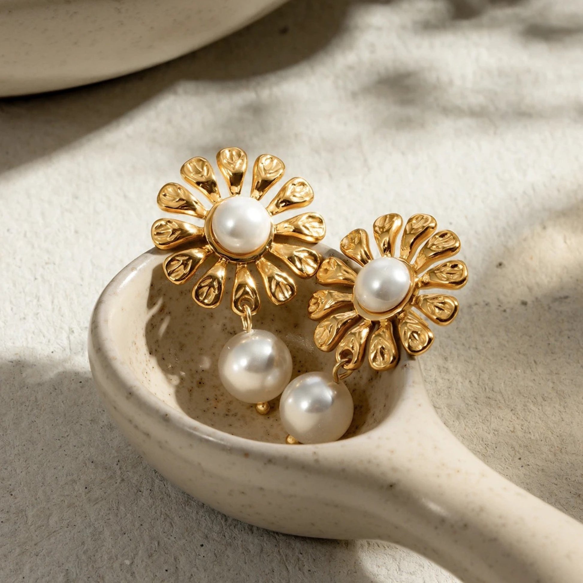 Floral Pearl Drop Earrings styled for weddings or formal events, adding a touch of sophistication.