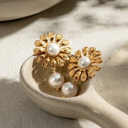 Floral Pearl Drop Earrings styled for weddings or formal events, adding a touch of sophistication.