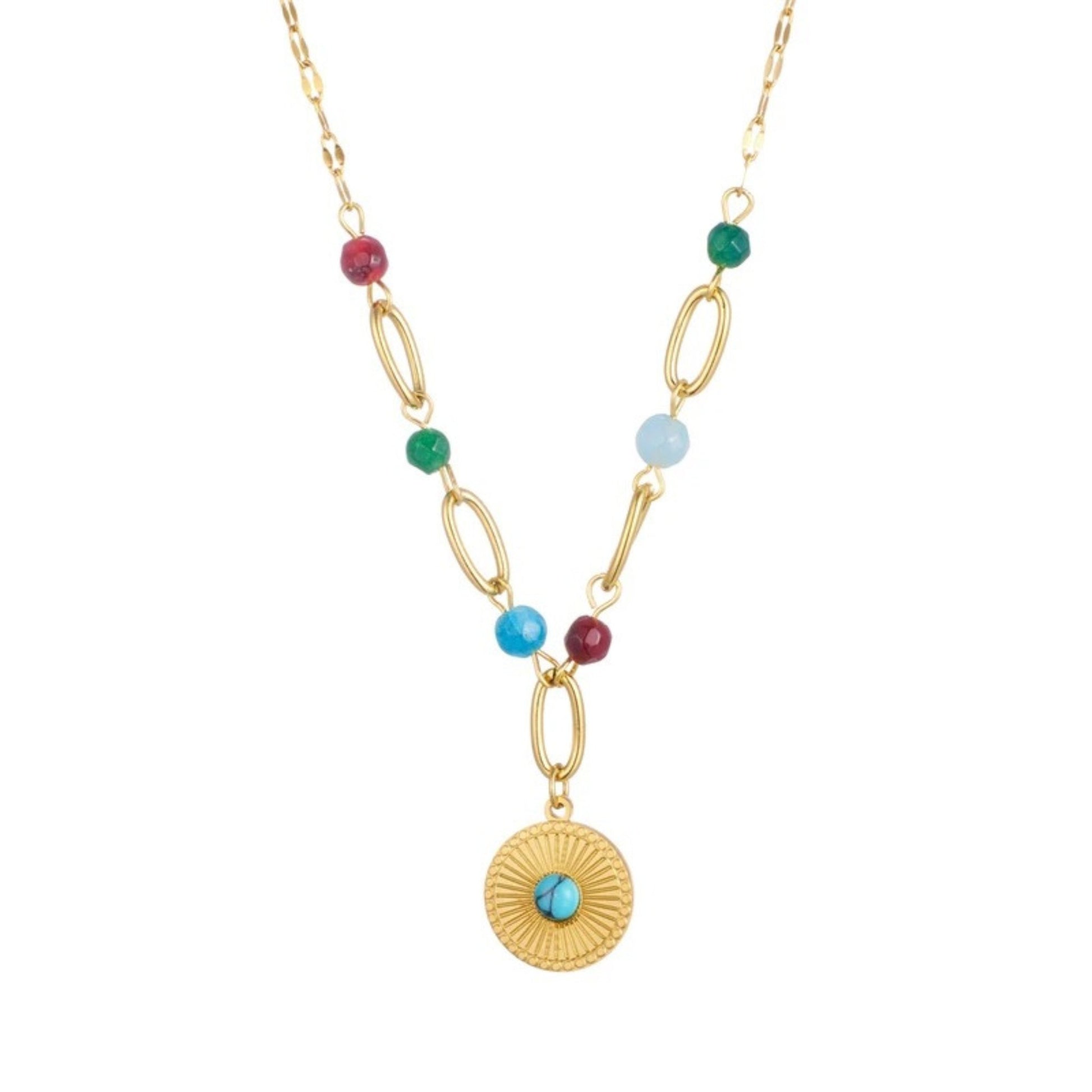Close-up of Multi-Stone Pendant Necklace showcasing vibrant semi-precious stones and a bohemian design.