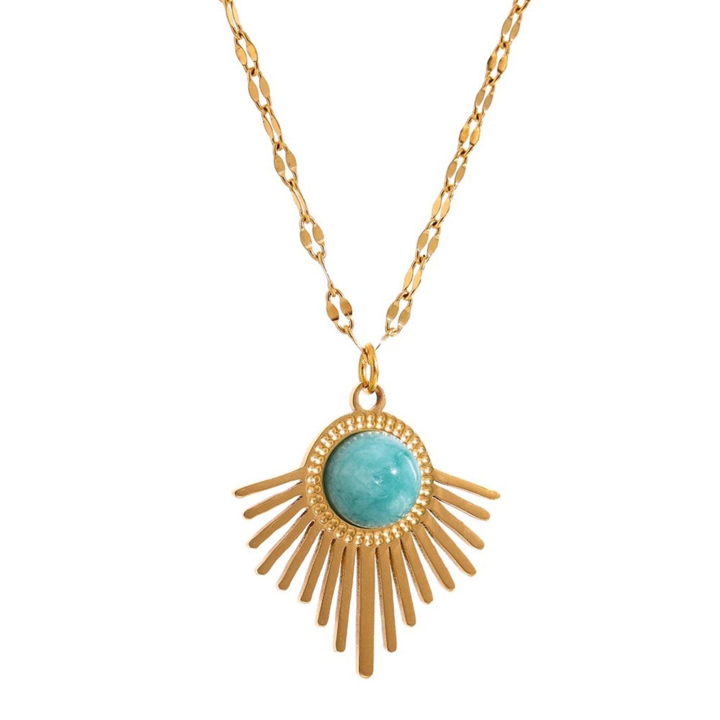 Bohemian Radiance Necklace with a radiant 18K gold-plated pendant and natural turquoise stone, offering summer bohemian elegance.