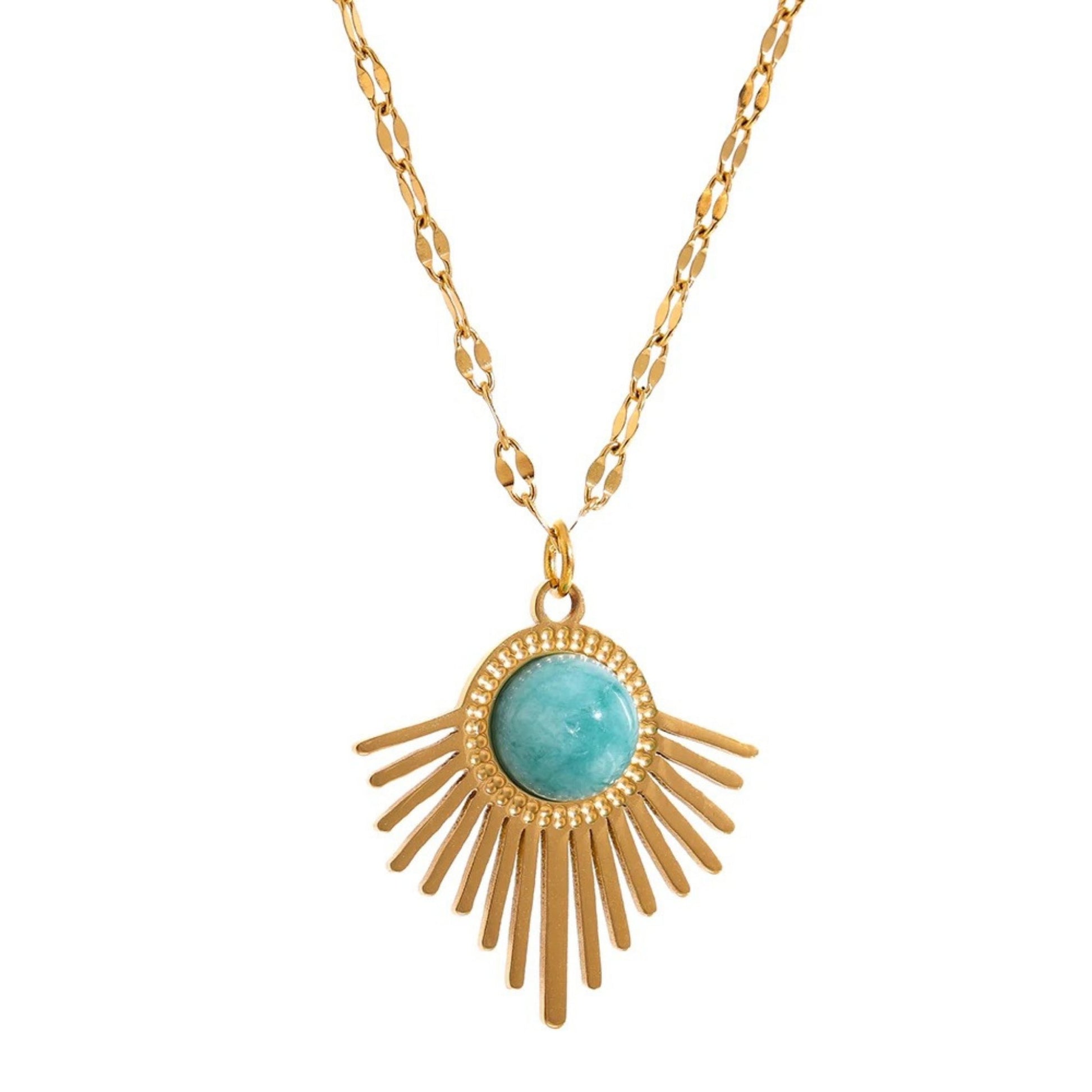 Bohemian Radiance Necklace with a radiant 18K gold-plated pendant and natural turquoise stone, offering summer bohemian elegance.