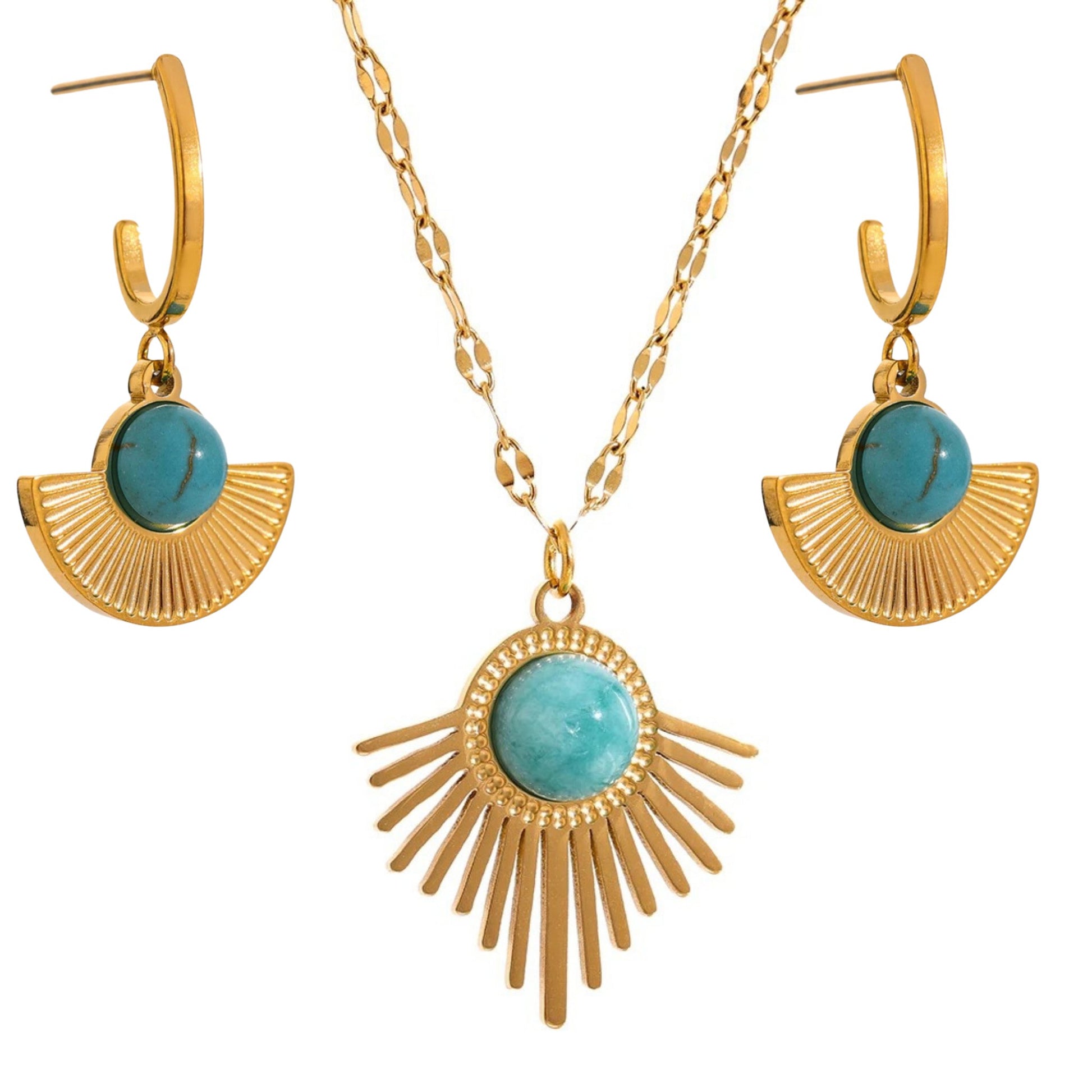 Bohemian Radiance Turquoise Jewelry Set with 18K gold-plated fan-shaped earrings and a radiant pendant necklace featuring natural turquoise stones.