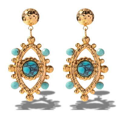 Close-up of Turquoise Medallion Earrings showcasing hammered gold texture and natural turquoise accents.