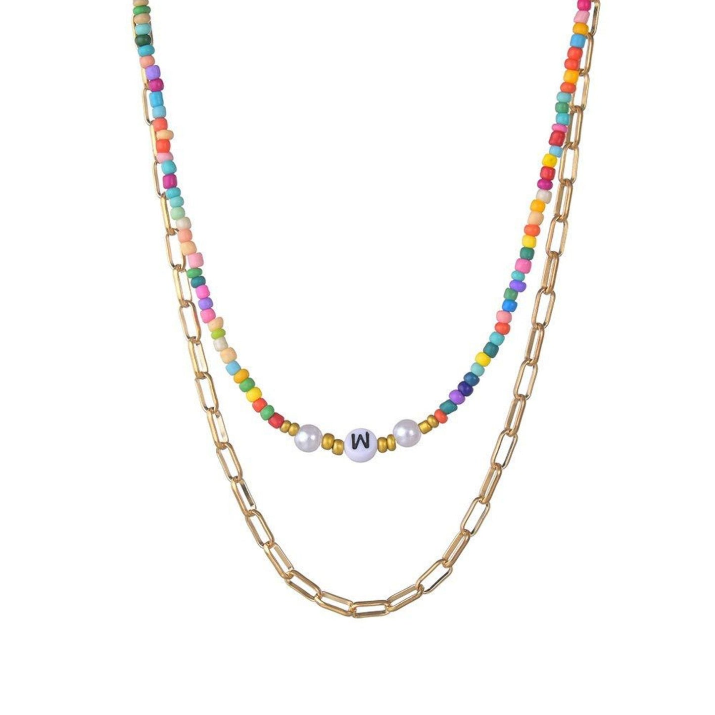 Close-up of Boho Layered Necklace showcasing bead strand and personalized letter charms.