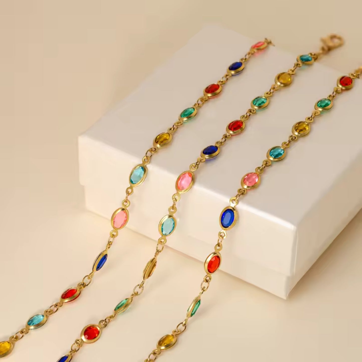 Bohemian Rainbow Crystal Anklet styled for beachwear or casual looks, adding a playful touch.