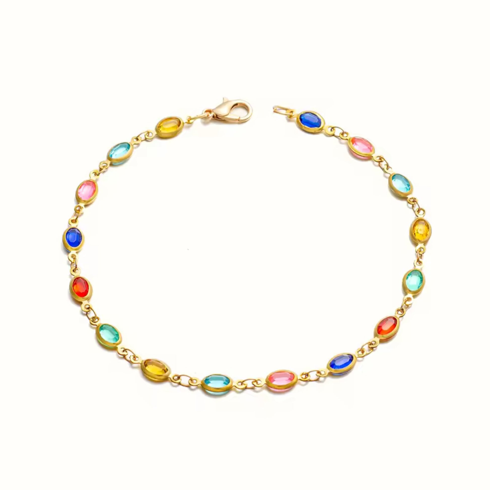 Close-up of Rainbow Crystal Anklet showcasing colorful micro crystals and durable gold-plated frame.
