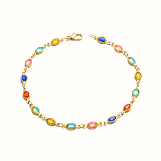 Close-up of Rainbow Crystal Anklet showcasing colorful micro crystals and durable gold-plated frame.
